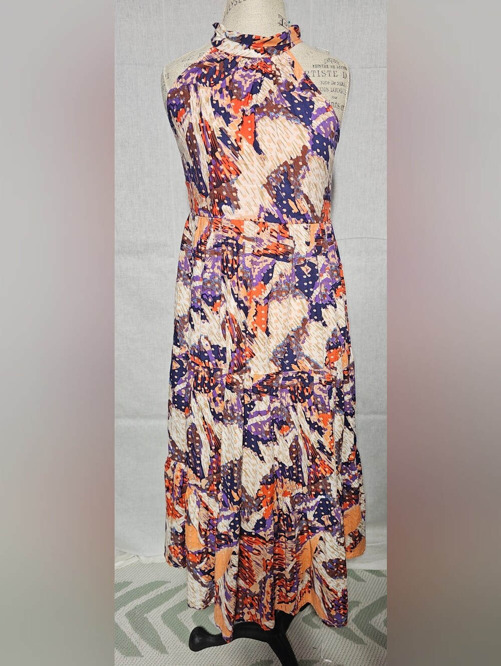 THML Halter Maxi Dress in Purple, Orange & Cream Abstract Print